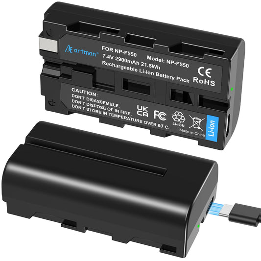 Artman Batería Mejorada NP-F550 2900mAh 2-Pack con Puerto de Carga Directa Tipo-C para Sony NP-F970 F750 F550 F330 F530 F570 F770 F960, CCD-SC55, TR516 TR716 TR818 TR910 TR917 Luz LED, Monitor (Negro)