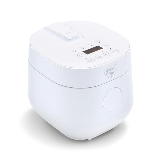GreenLife - Olla digital de arroz y frijoles, 2 tazas sin cocinar/4 tazas cocidas, olla extraíble de cerámica antiadherente sin PFAS, preestablecidos de un solo toque, avena, quinua, arroz integral