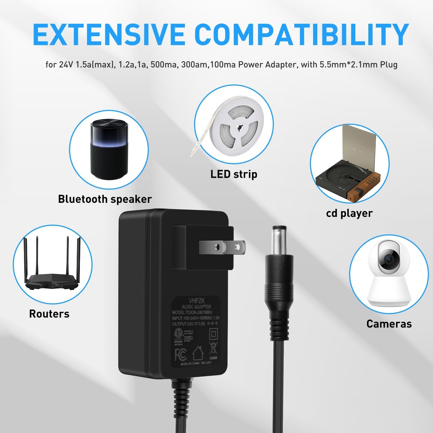 VHFZK 24V 1.5A 1A 0.5A Power Adapter 100V-240V 24 Volt Power Supply Cord DC to AC with 5 Selectable Plugs, DC24V Transformer for LED Strip Light, CCTV Camera, Essential Oil Diffuser, Massage Gun