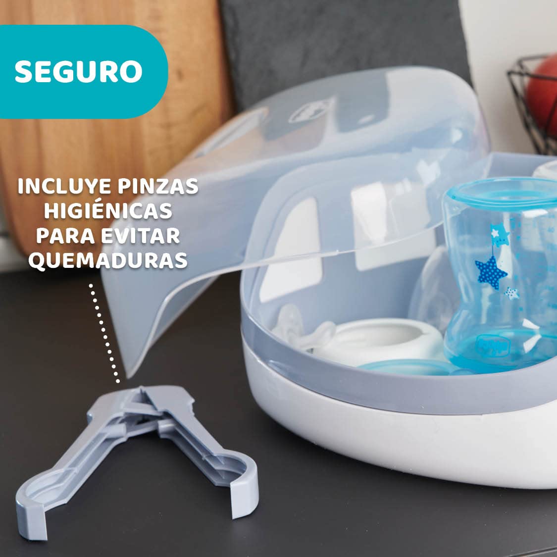 Chicco - Esterilizador para microondas de vapor, rápido y fácil de usar, hasta 6 Biberones, chupetes, tetinas y otros accesorios, color Gris