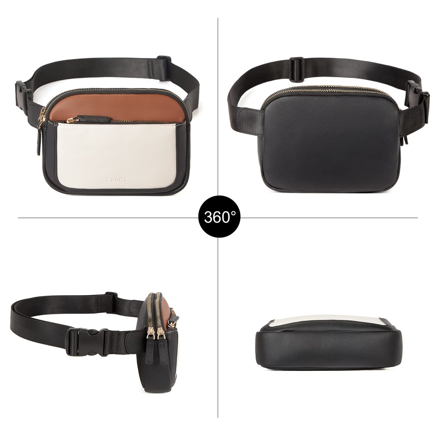 CLUCI - Riñonera para mujer, mini bolso cruzado en todas partes, correa ajustable, piel vegana, riñonera para mujer, A-1 Negro y café con Blanquecino, Una talla