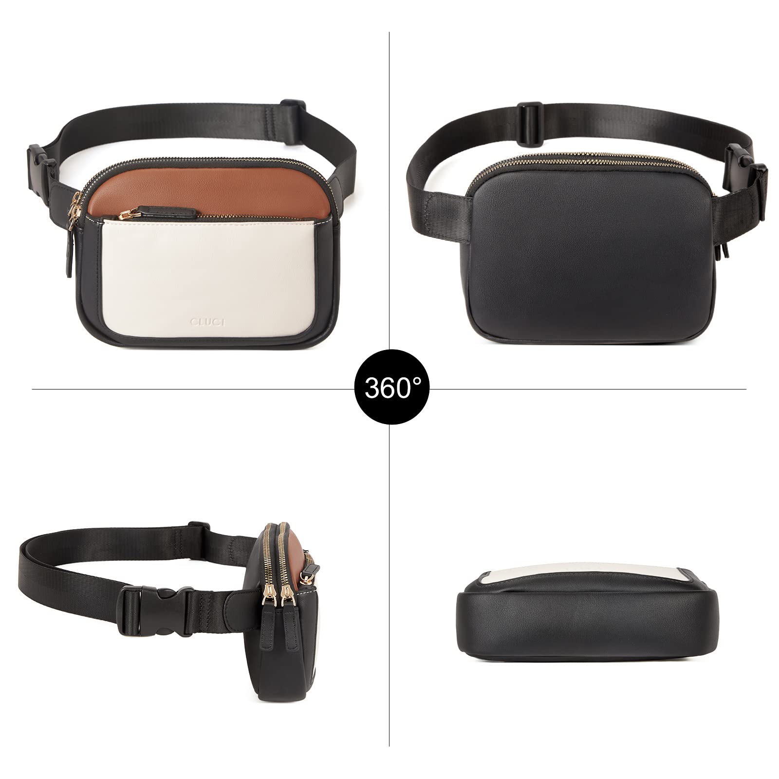 CLUCI - Riñonera para mujer, mini bolso cruzado en todas partes, correa ajustable, piel vegana, riñonera para mujer, A-1 Negro y café con Blanquecino, Una talla
