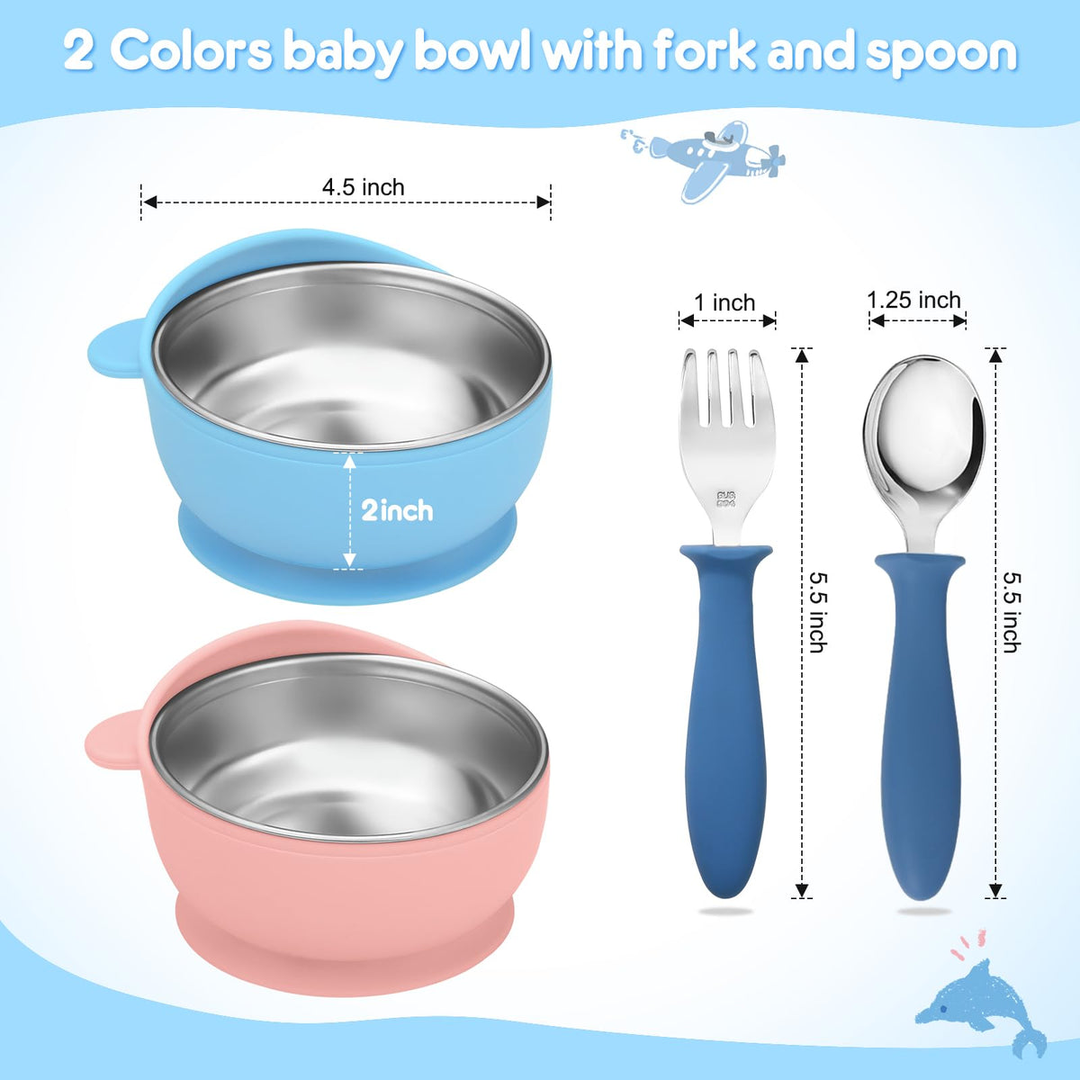 Wesketch Paquete De 2 Tazones De Acero Inoxidable Para Bebé Con Ventosa De Silicona Antideslizante Extraíble, Recipiente Antiescaldaduras Para La Alimentación Del Bebé, Incluye Tenedores Y Cucharas, A