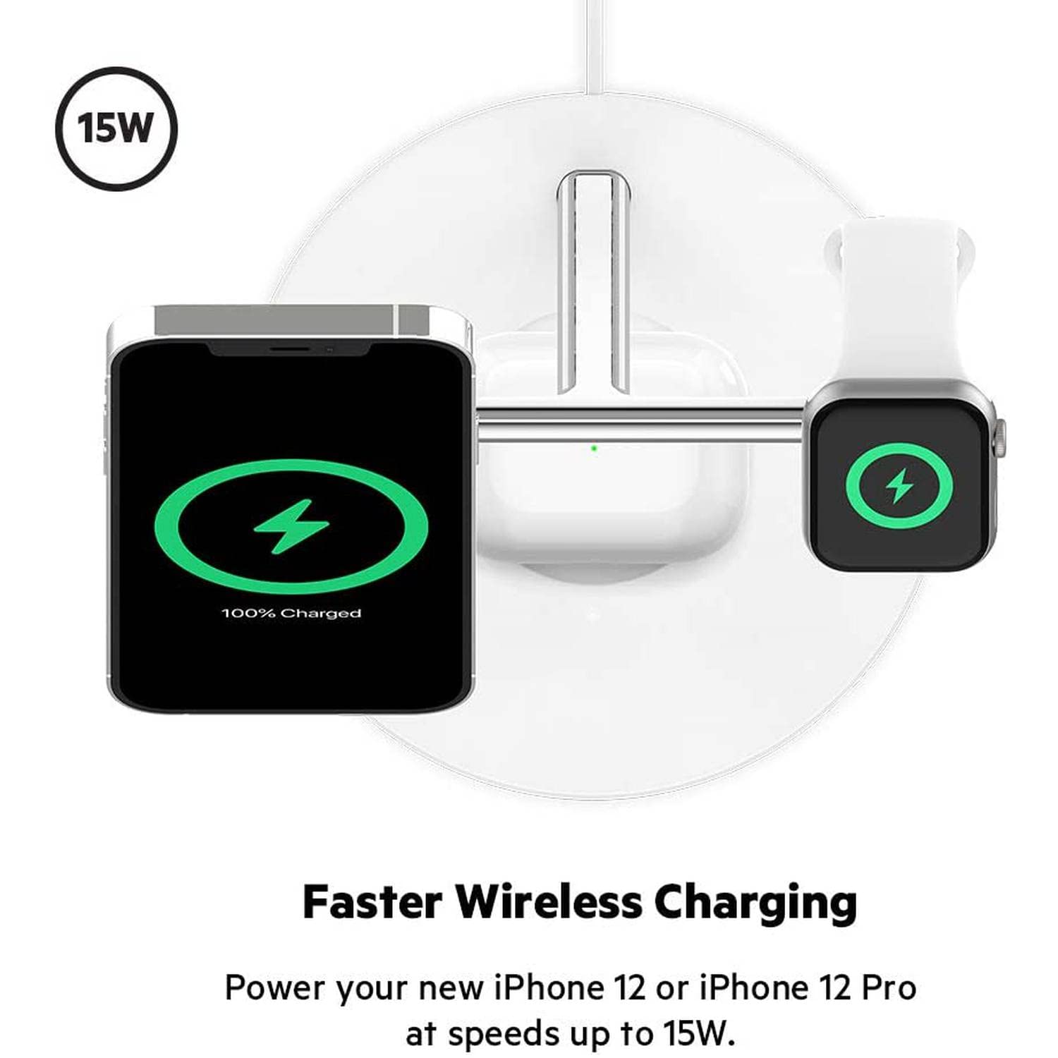 Belkin BoostCharge Pro Cargador inalámbrico 3 en 1 con MagSafe para iPhone 13, 12 + Apple Watch + AirPods (Carga magnéticamente iPhone 13 y 12 Modelos de hasta 15 W)