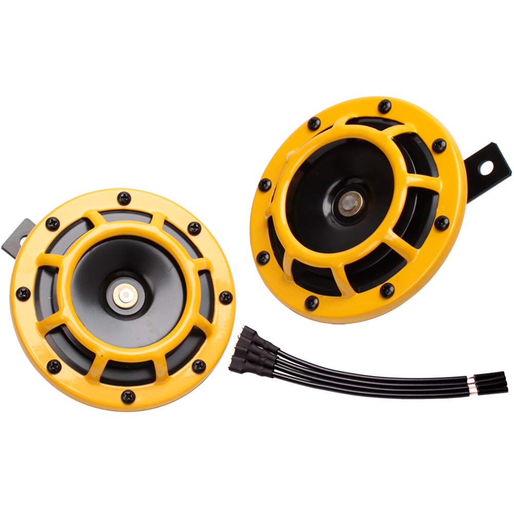FARBIN - Bocina de coche de 12 V, tono alto/tono bajo, bocinas de tren súper ruidosas para coche, camión, metal, doble bocina, con parrilla protectora (amarillo)