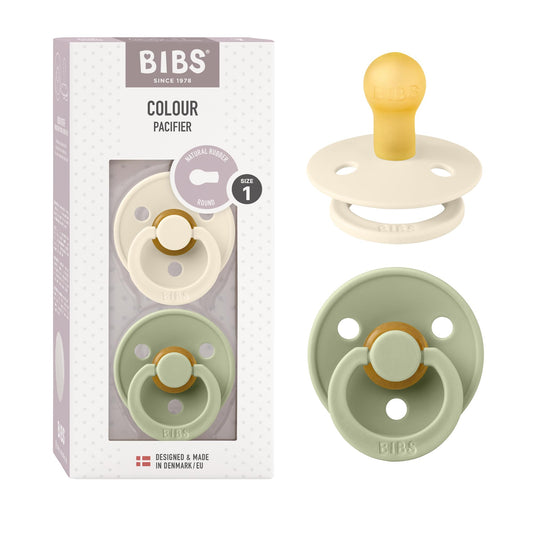 BIBS Chupones Colour Pack de 2, Tetina redonda de látex natural, Talle 1, Color Ivory/Sage, 0 a 6 meses, Hecho en Dinamarca