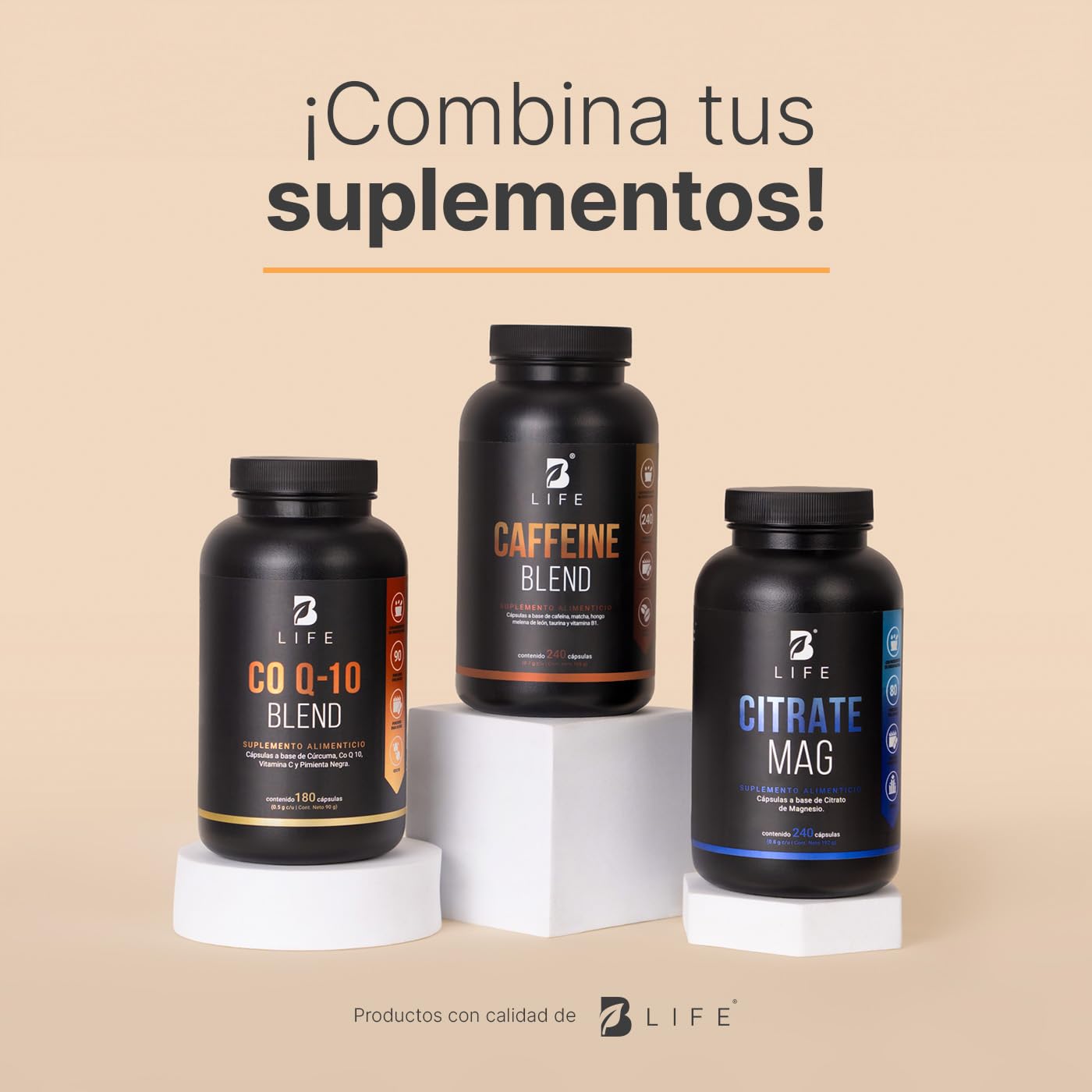 Cafeína Anhidra 240 Cápsulas de 700 mg. Adicionada con Matcha, Melena de León, Taurina y Vitamina B1. Ingredientes Naturales. Caffeine Blend B Life