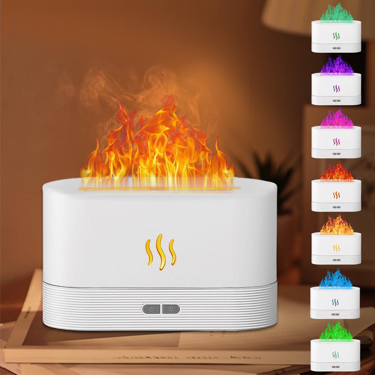 INGEQUIS Difusor de Lámpara Nocturna con Forma de Llamas, 2 Modos de Brillos Ajustables, Humidificación Silenciosa de 180ml, Lámpara Nocturna Decorativa (Blanco-RGB)