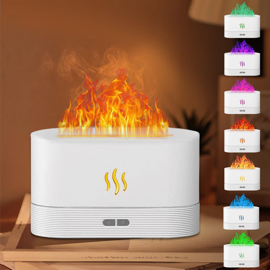 INGEQUIS Difusor de Lámpara Nocturna con Forma de Llamas, 2 Modos de Brillos Ajustables, Humidificación Silenciosa de 180ml, Lámpara Nocturna Decorativa (Blanco-RGB)