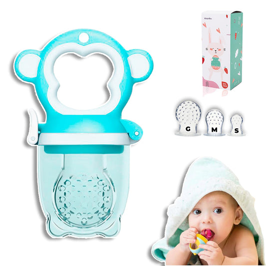 Chupón alimentador para frutas y papillas con seguro y tapa, 4 meses, dibujos animados (monkey azul)