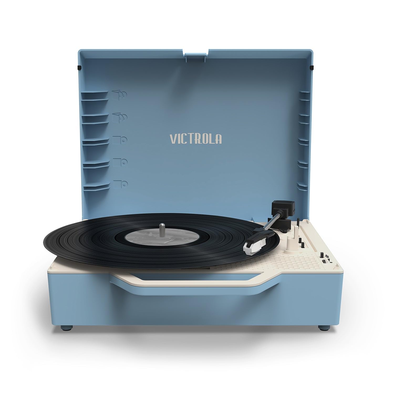 Tocadiscos Portátil Victrola Azul Claro Sostenible con Bluetooth y Radio de Graves Incorporada
