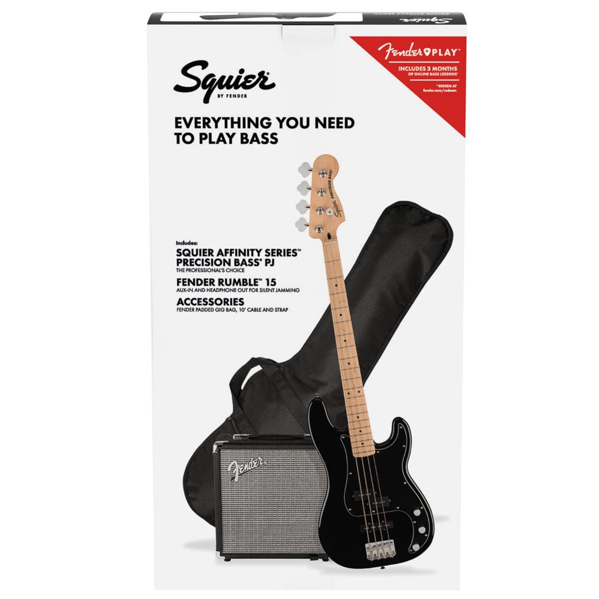 Affinity Series Precision Bass PJ Pack, Maple Fingerboard, Black, Gig Bag, Rumble 15-120V