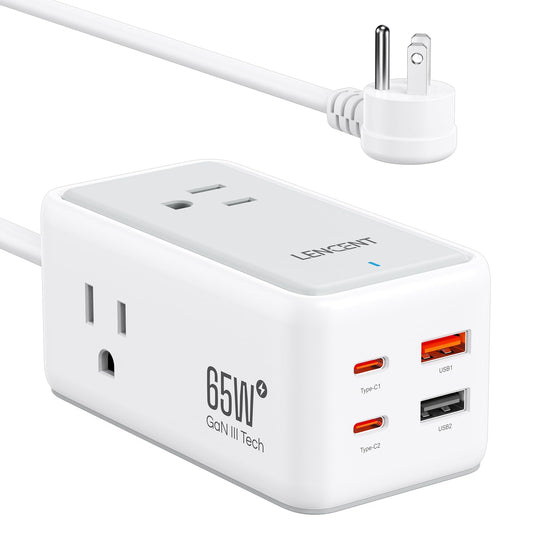 LENCENT Cargador USB C y PD 65W, Cargador Rápido GAN III Tech con 3 Tomas CA + 4 Puertos USB, Estación de Carga USB C de Cable para iPhone, iPad, Macbook, Galaxy, Huawei, Switch y más, Blanco