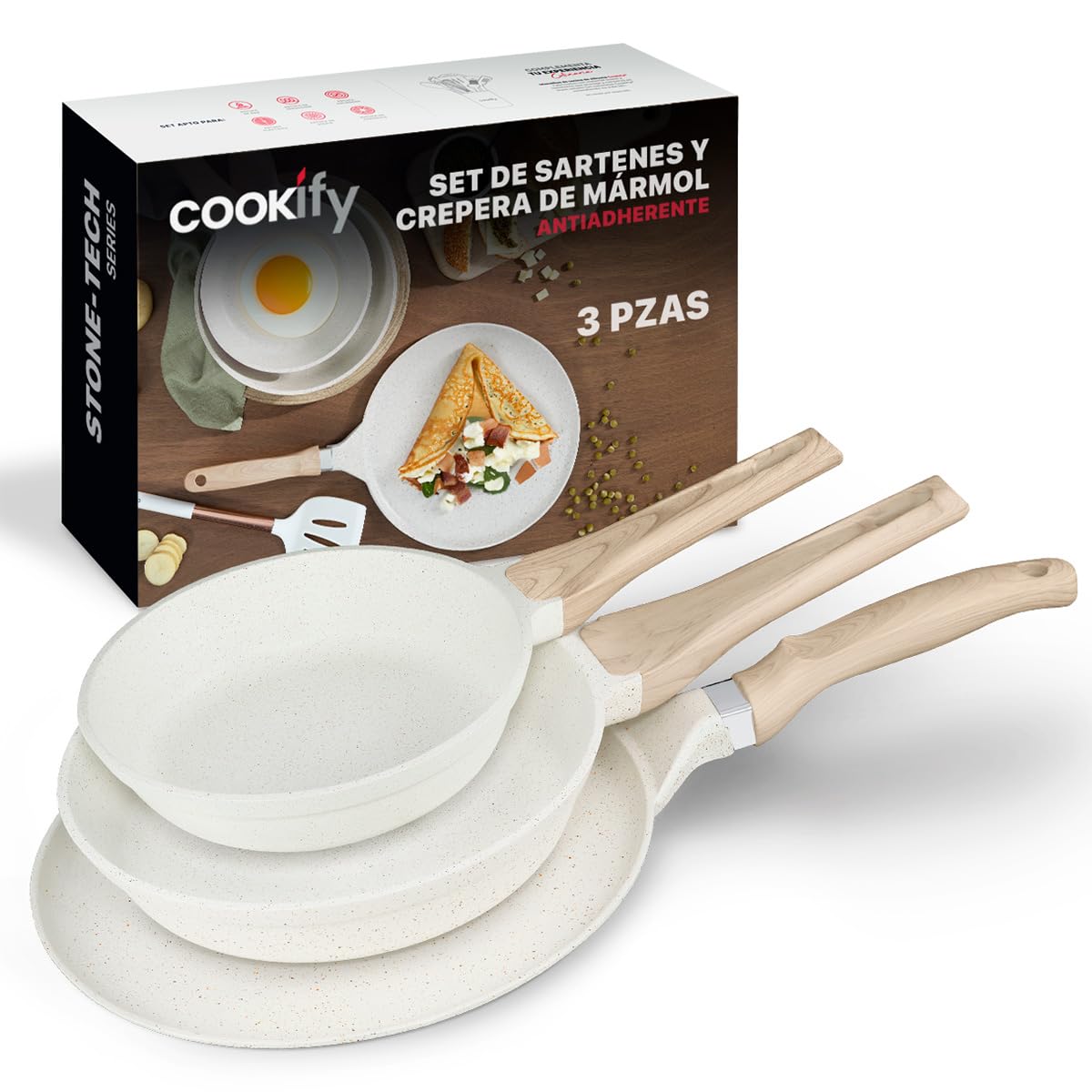 Set de Sartenes y Crepera Cookify Mármol Beige Antiadherente