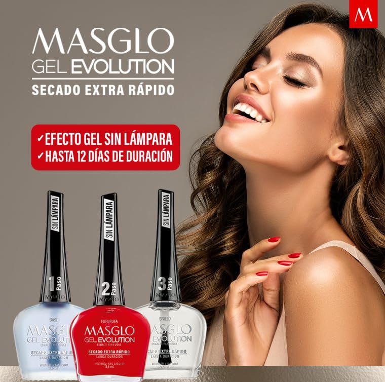 MASGLO- GEL EVOLUTION Esmalte de Uñas Efecto Gel, Sin Lámpara UV/Led, Duración Hasta 12 días,Tono-TIZA. (FRANCÉS)