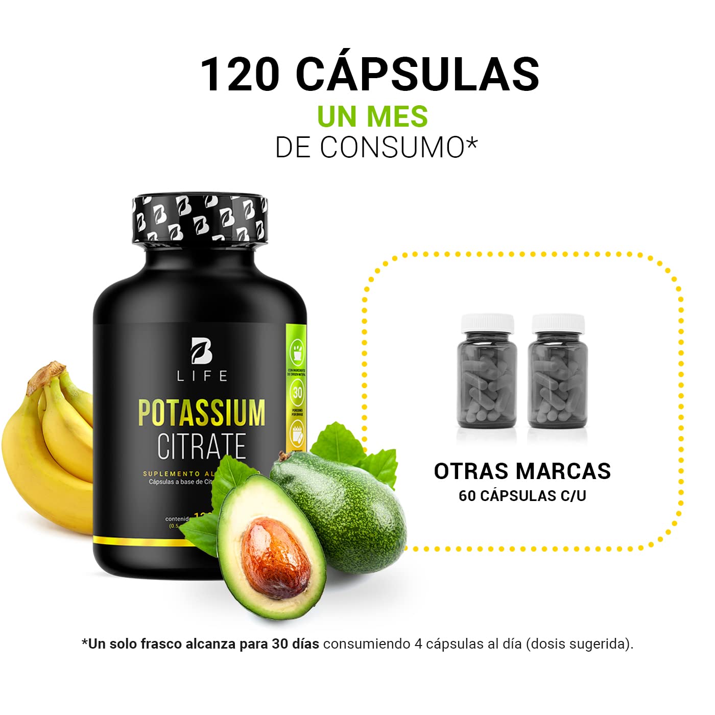B Life Company Citrato de Potasio 800 mg de Potasio (Provenientes de 1000 mg). Ingredientes Naturales de 120 Cápsulas. Potassium Citrate