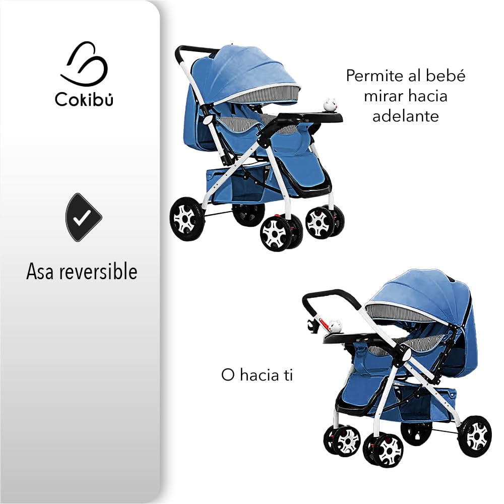 Carriola De Bebé Plegable Rosa (Azul) Carriola De Bebé Plegable Mango Reversible Respaldo Ajustable Ruedas Delanteras Giratorias Arnes De Seguridad De 5 Puntos Bandeja De Comida Y Musica 2 En 1