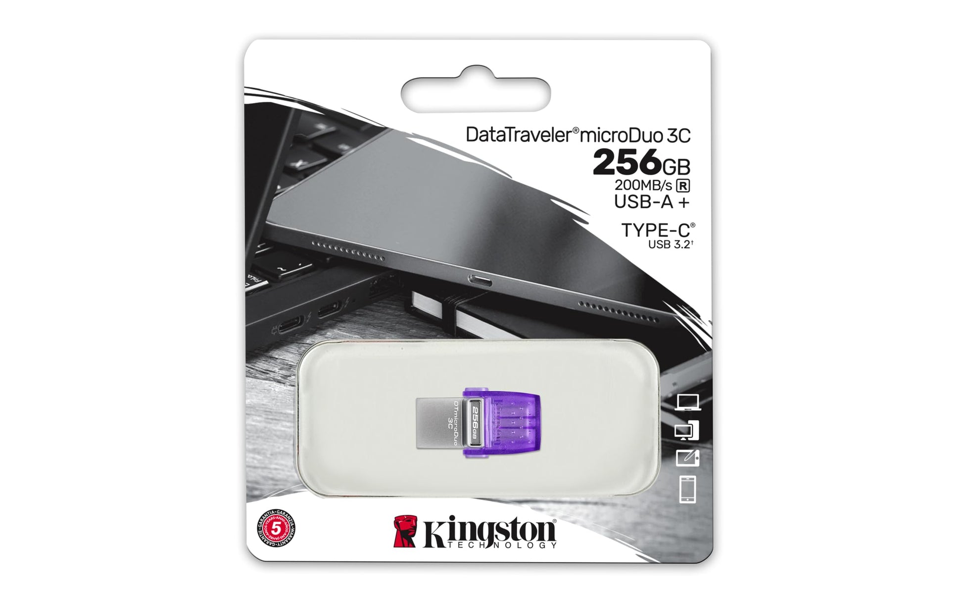 Kingston USB Data Traveler MicroDuo 3C, Capacidad: 256GB, USB Type-C y Type-A (DTDUO3CG3/256GB)