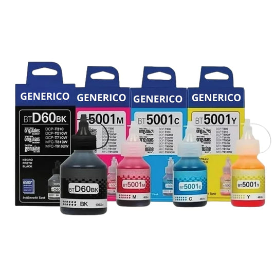 LizzVicc Pack de Tinta Genérica para Brother BT-D60 y BT-5001 – 2 Botellas Negras (108 ml) + 1 Cian, 1 Magenta y 1 Amarillo (48.8 ml) – Compatible con DCP-T310, T510W, T710W, MFC-T910DW