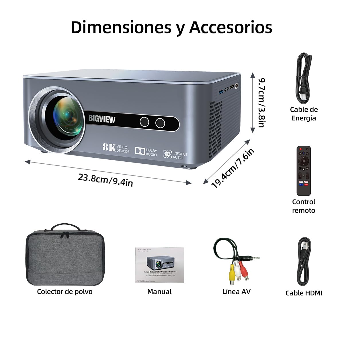 BIGVIEW Proyector 4K Con Enfoque Automático, Bluetooth WiFi 5G, Soporte 8K, 12000 Lúmenes, Portátil Inteligente Con Android 9 Para iOS/Android/PS5/TV Stick