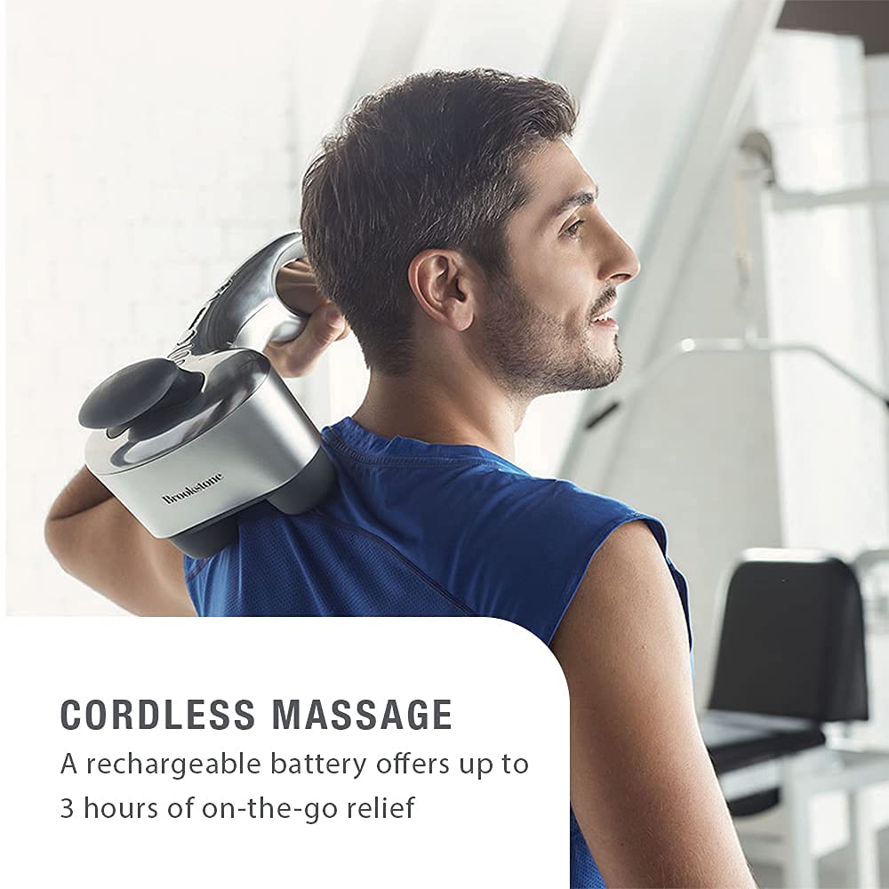 Mástil inalámbrico, masajeador de percusión de espalda, amasado profundo, doble nodo, portátil, ligero, recargable, Brookstone Max 2, plata (B-HHP-650J)