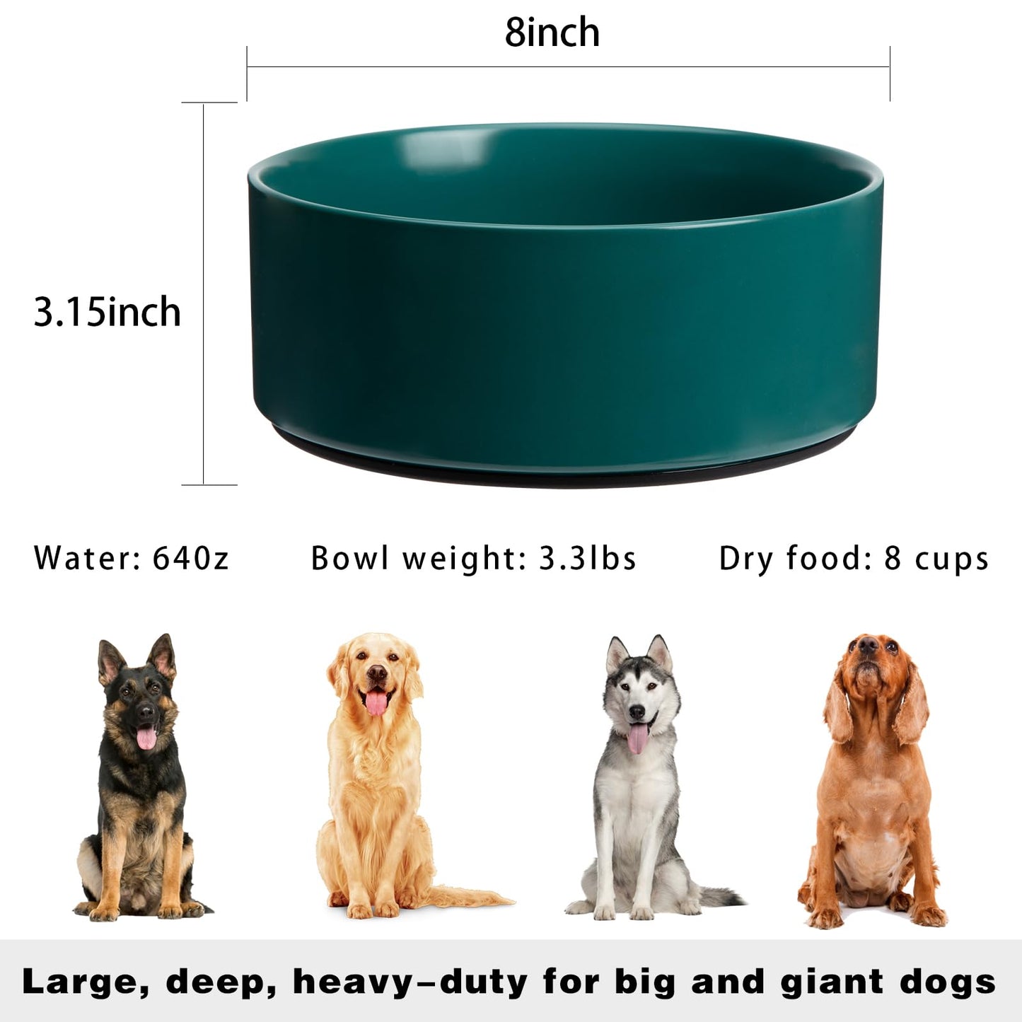 Kitwinney - Cuencos antideslizantes para perros, tazón de cerámica de 8 pulgadas con base de silicona, tazón de agua para perros a prueba de derrames, tazón de alimentación pesado para perros