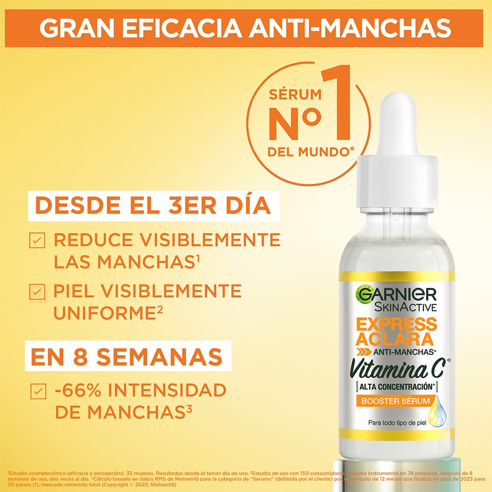 Kit Garnier Express Aclara Rutina anti manchas con Vitamina C: Sérum facial, crema hidratante y gel limpiador, 3 piezas. Hidrata, ilumina y unifica el tono de la piel