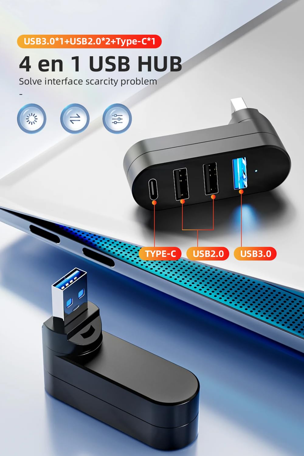 Hub USB 3.0, 4 en 1 Adaptador de USB 3.0 1 Puertos 5Gbps y USB 2.0 2 Puertos y USB C 1 Puertos, Compatible con PC, Laptop, PS4, PS5, Xbox, Disco U, Impresora, Memoria USB, Ratón, Teclado y Más