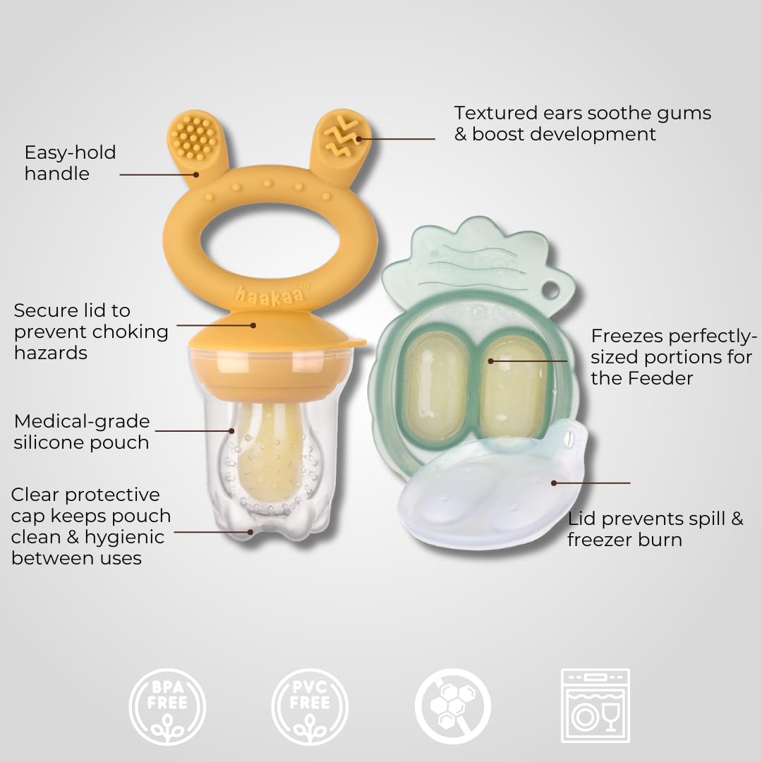 Haakaa Mini Combo alimentador para bebé para introducir nuevos sabores + bandeja para congelar de silicon sin BPA (Mostaza)