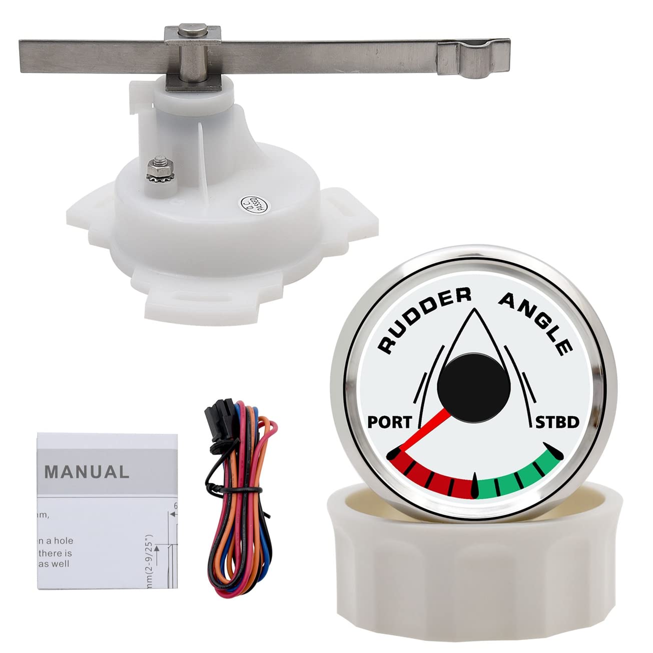 KAOLALI Indicador de ángulo de timón de 52 mm, medidor impermeable, 0-190 ohmios con sensor de ángulo de acoplamiento para yate de barco, 52 mm, 9-32 V, retroiluminación (plata blanca)