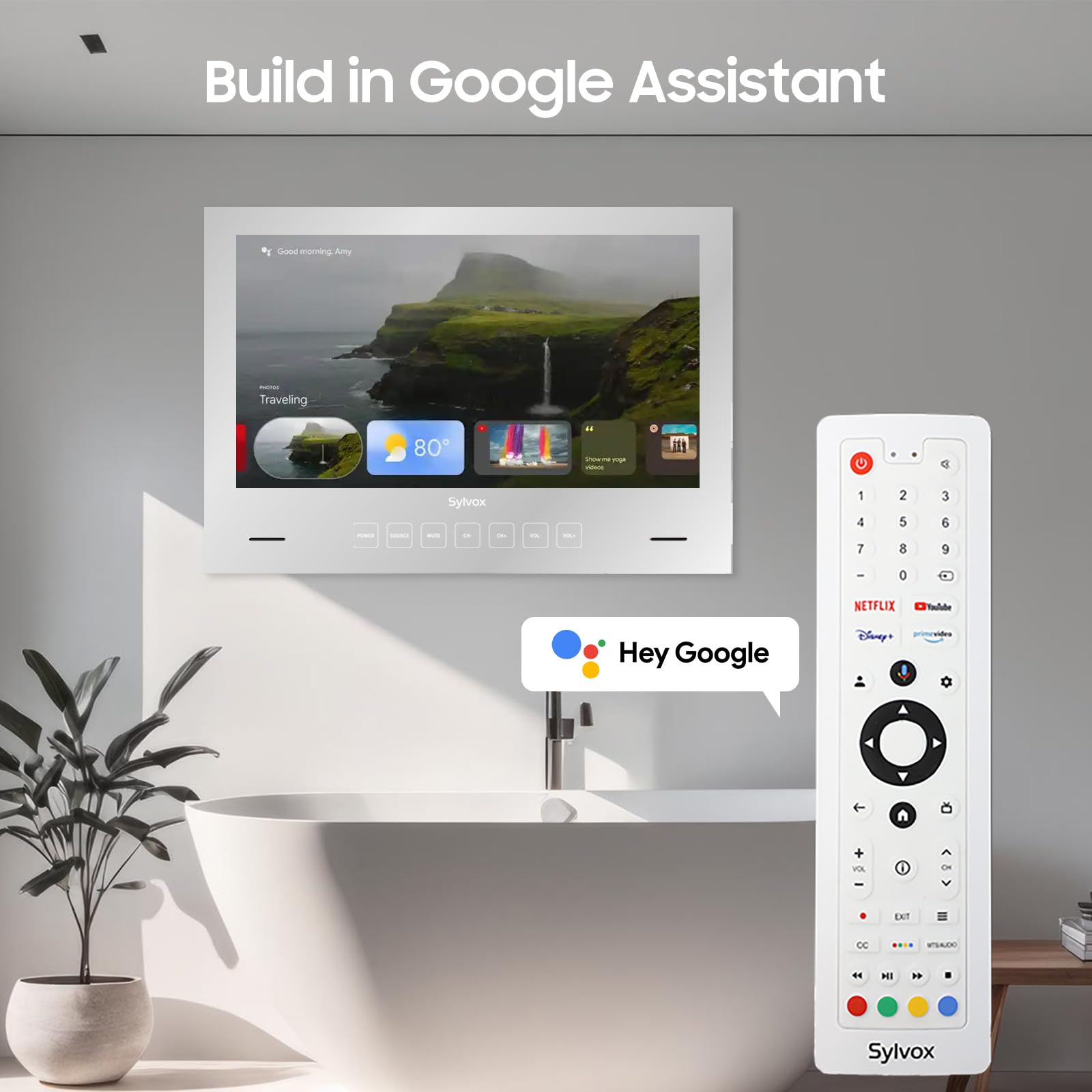 Televisor SYLVOX Espejo Impermeable Negro 24 Pulgadas con Google OS y Control por Voz para Baño
