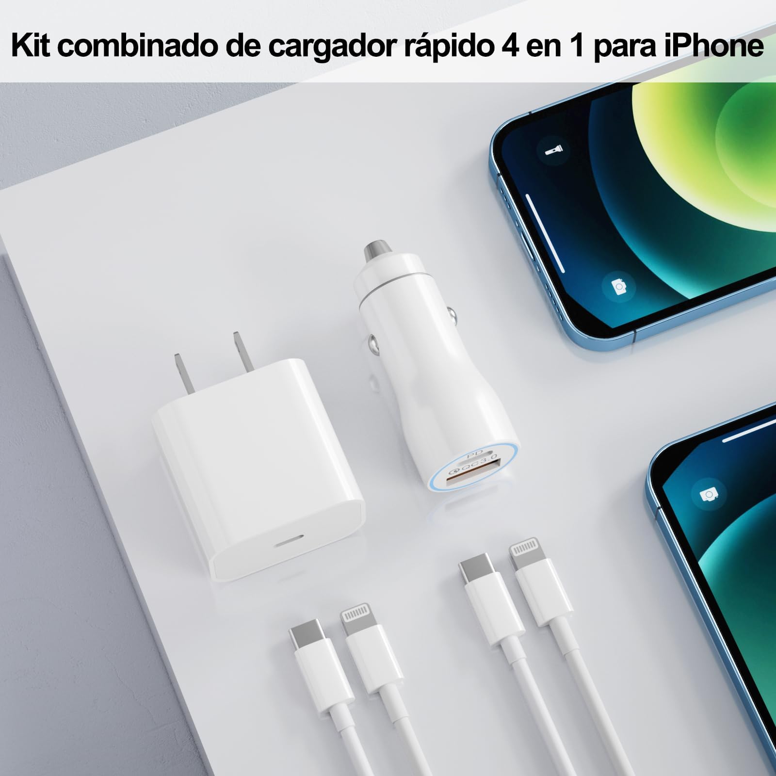 Uniytriox 20W Cargador Tipo C con Cable iPhone, 38W Car Charger Combo Kit, 2 Puertos Adaptador de Coche Tipo C y QC 3.0 de Aluminio Quick Charger Compatible con iPhone 14 13 12 11 Pro MAX Mini
