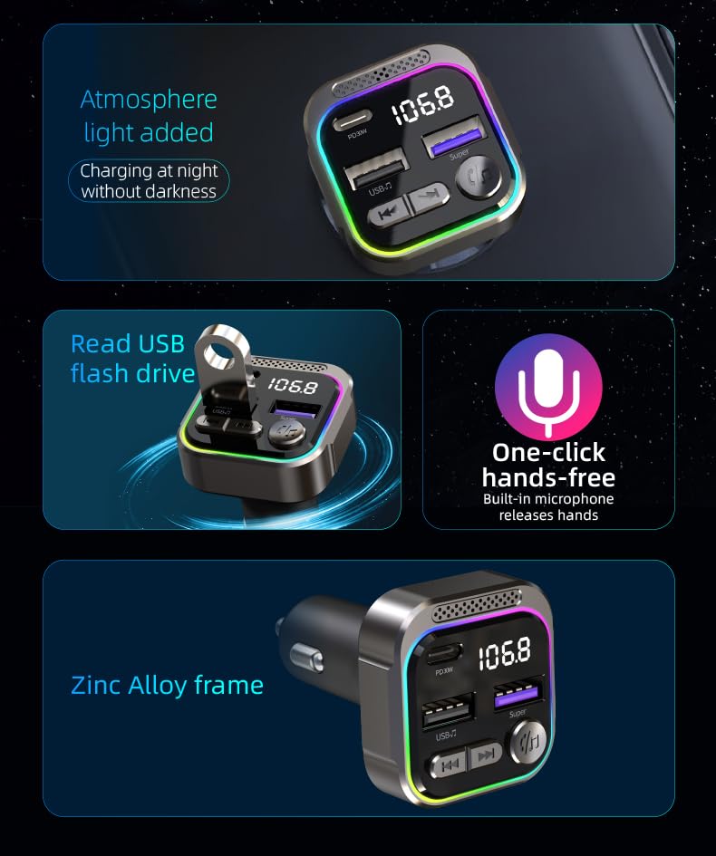 Transmisor FM Inalámbrico Tron Negro Carga Rápida Bluetooth Doble USB-C y USB-A para Coche