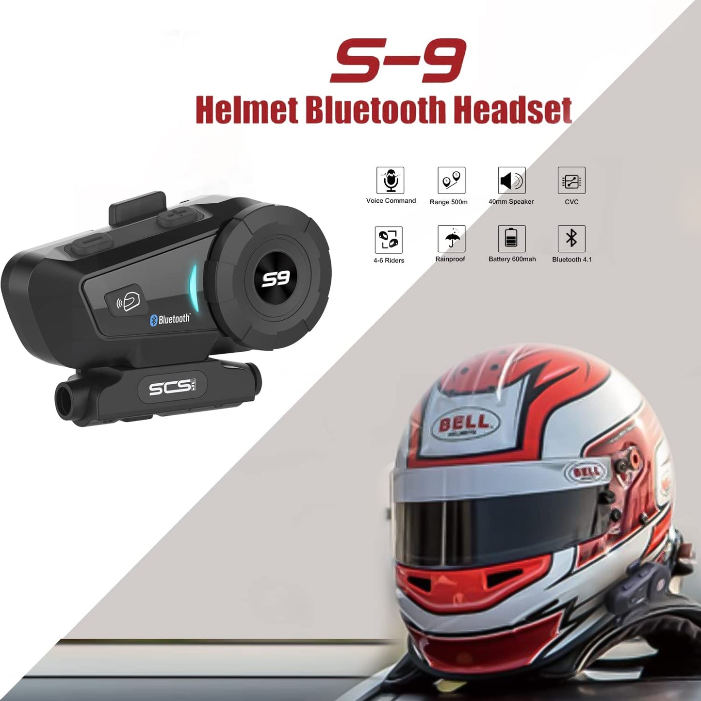 SCSETC S-9 - Casco de motocicleta con Bluetooth de 2000 m, 6 rider intercomunicador, Bluetooth con cancelación de ruido CVC, IP65 impermeable, manos libres/control de voz