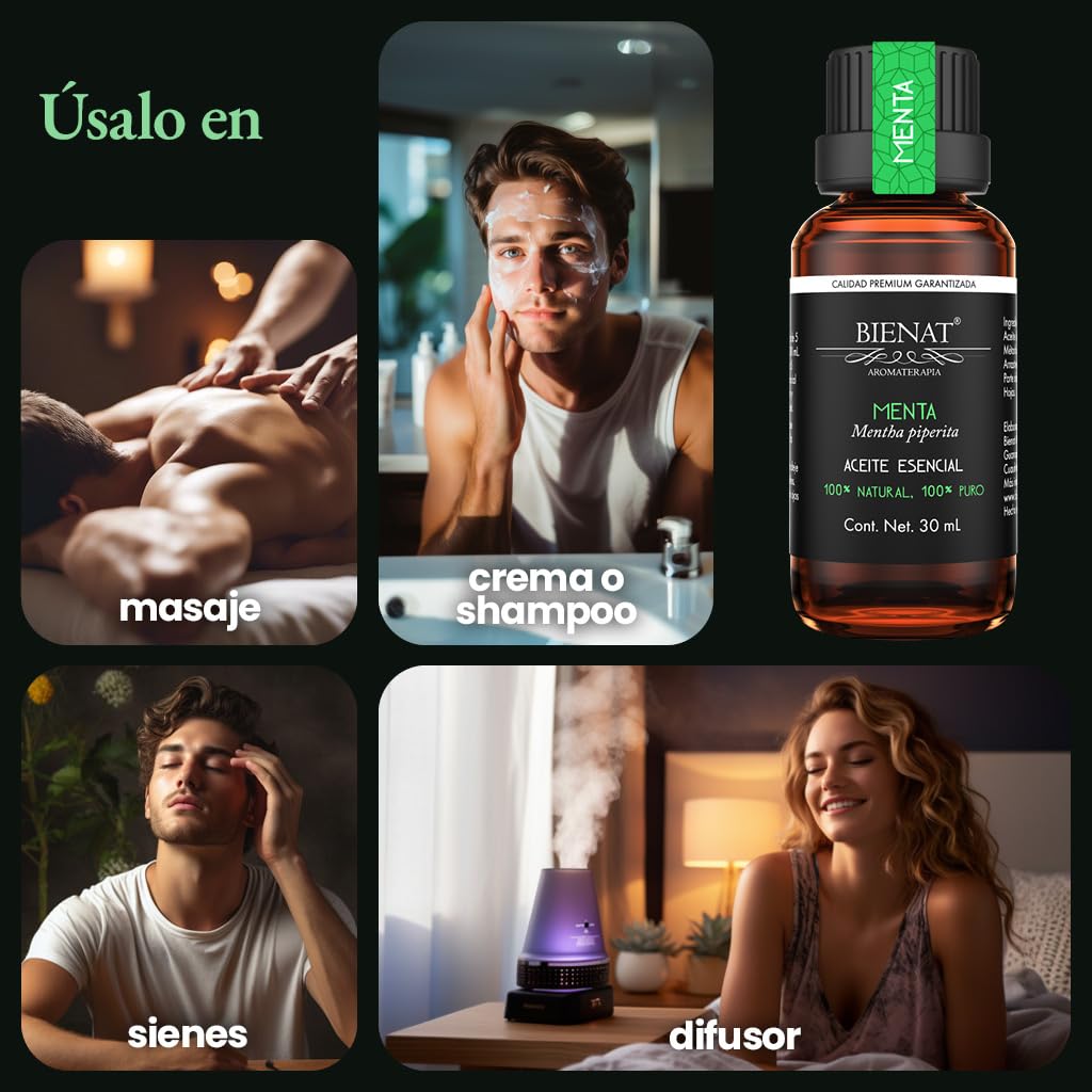 BIENAT AROMATERAPIA Aceite Esencial de Menta 30mL | 100% Puro y Concentrado | Ideal para Difusor de Aromas, Humidificador, Aromaterapia, Masajes, Meditación, Jabones y Velas | Esencia Natural en Gotas