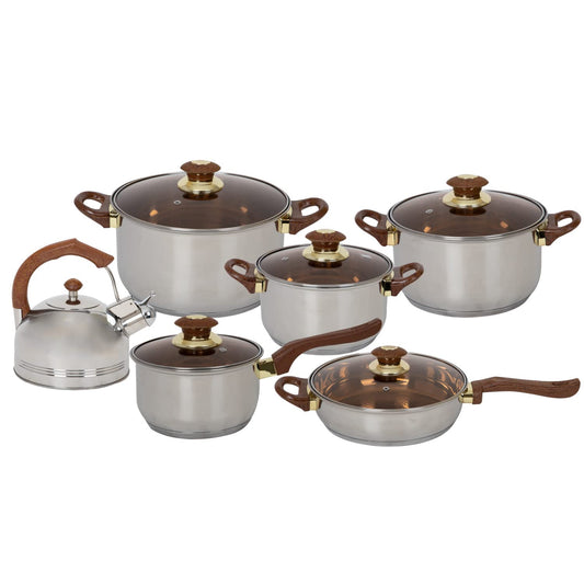 COLORHOME DESIGN | Batería de Cocina Acero Inoxidable - 11 Piezas – Triple Capa Y Tapas de Vidrio Templado – Mango de Baquelita Marrón - Juego de Caserolas de Cocina, Sartén, Teterá