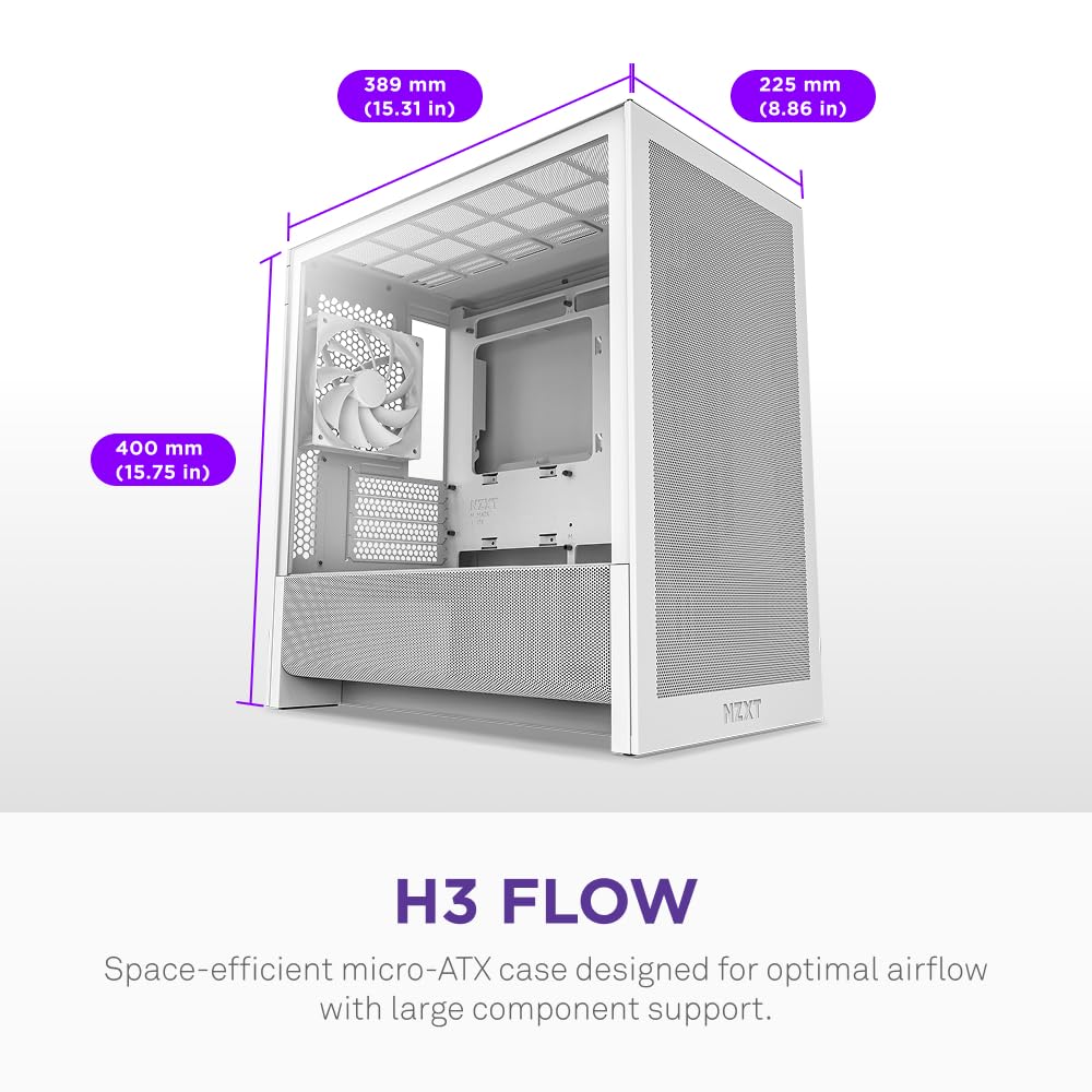 NZXT Gabinete H3 Flow Micro-ATX - Flujo de Aire optimizado - Incluye 1 Ventilador Trasero de 120 mm - Soporta GPU de tamaño Completo - Se Adapta a radiador Frontal de 280 mm y Superior de 240