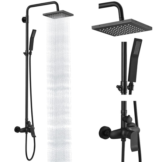 Heyalan - Sistema de ducha expuesto negro mate, doble función, llave de ducha de baño, 8 pulgadas, cuadrado, giratorio, cabezal de ducha de lluvia con juego completo ajustable de mano