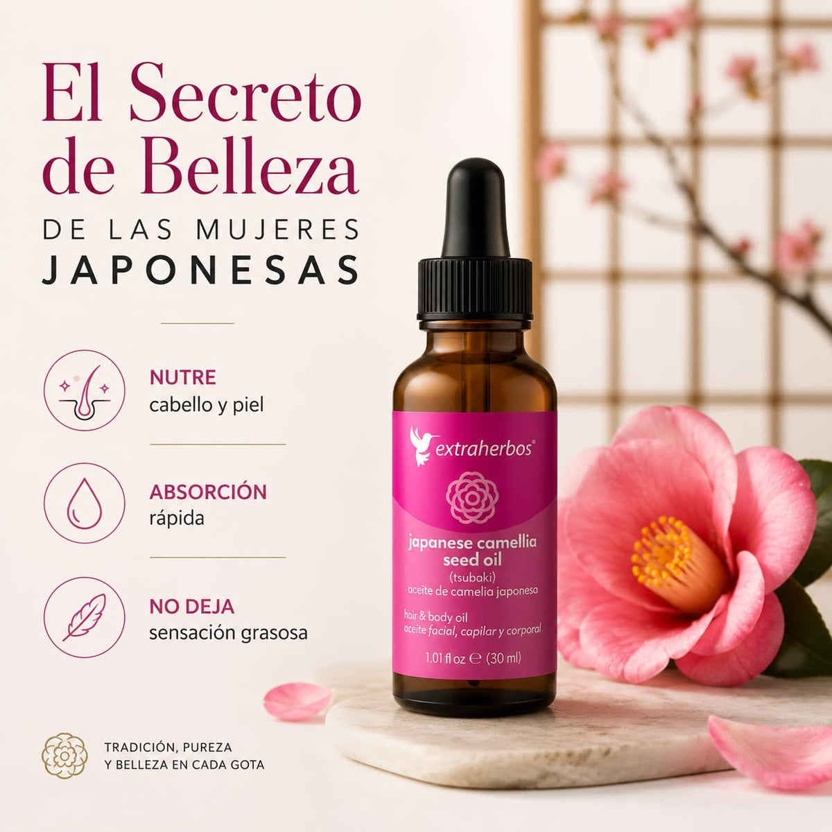 Extraherbos Aceite de Camelia Japonés Prensado en Frío 30ml – Aceite Tsubaki Orgánico para Rostro y Cabello | Efecto Piel de Porcelana, Antiarrugas – Hidratante No Comedogénico
