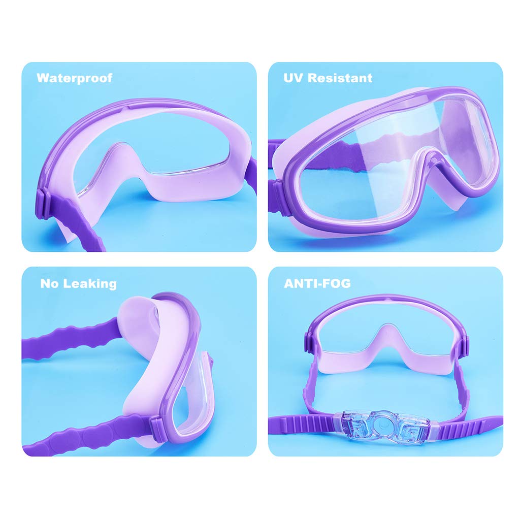 KAILIMENG - Gafas de natación para niños, visión amplia, sin fugas, antiniebla, protección UV, con clip para la nariz y tapones, para los oídos para niños de 3 a 15 años (Rosa y rojo azul, 2 unidades)