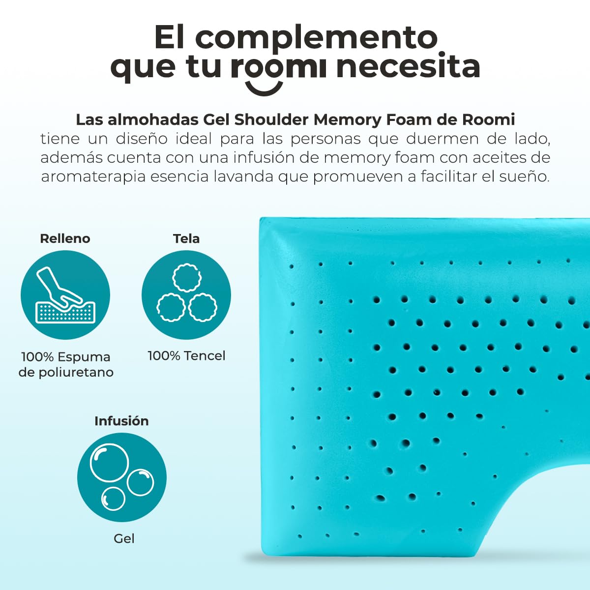 Almohada ROOMI Shoulder Memory Foam Gel Infusión Ultra Fresca Confort Medio Hipoalergénica