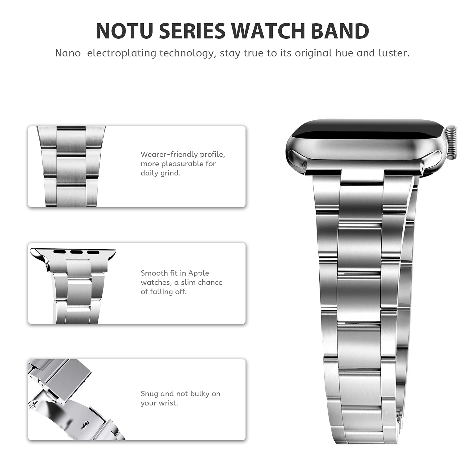Correa Metálica Wutwuk Plateada Acero Inoxidable para Apple Watch con Uso Fácil Ajusta Longitud sin Herramienta y Funda Protectora