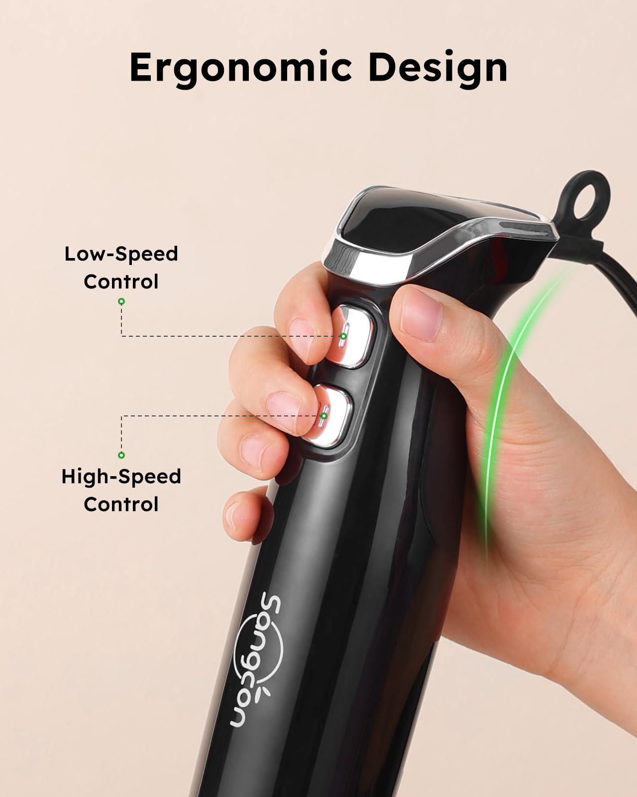 Batidora de Mano Sangcon Negra con Barra de Acero Inoxidable y Accesorios de Espumador de Leche