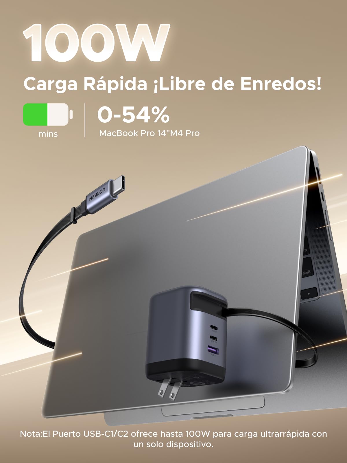 Cargador GAN UGREEN 100W con Cable Retráctil Blanco para Carga Rápida PD 3.0 con 3 Puertos 2C1A