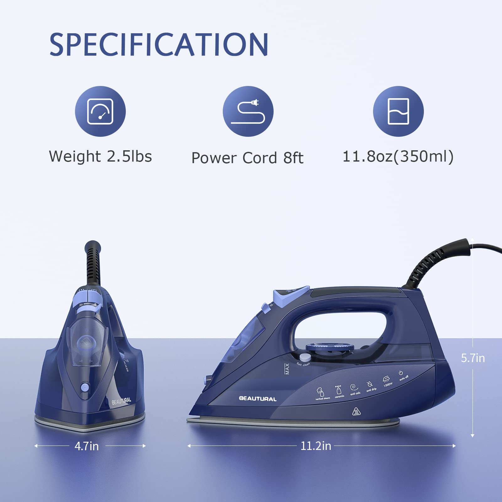 BEAUTURAL Plancha de vapor para ropa con esfera de termostato de precisión, suela recubierta de cerámica, 3 vías, auto-limpieza, anticalcio, antigoteo