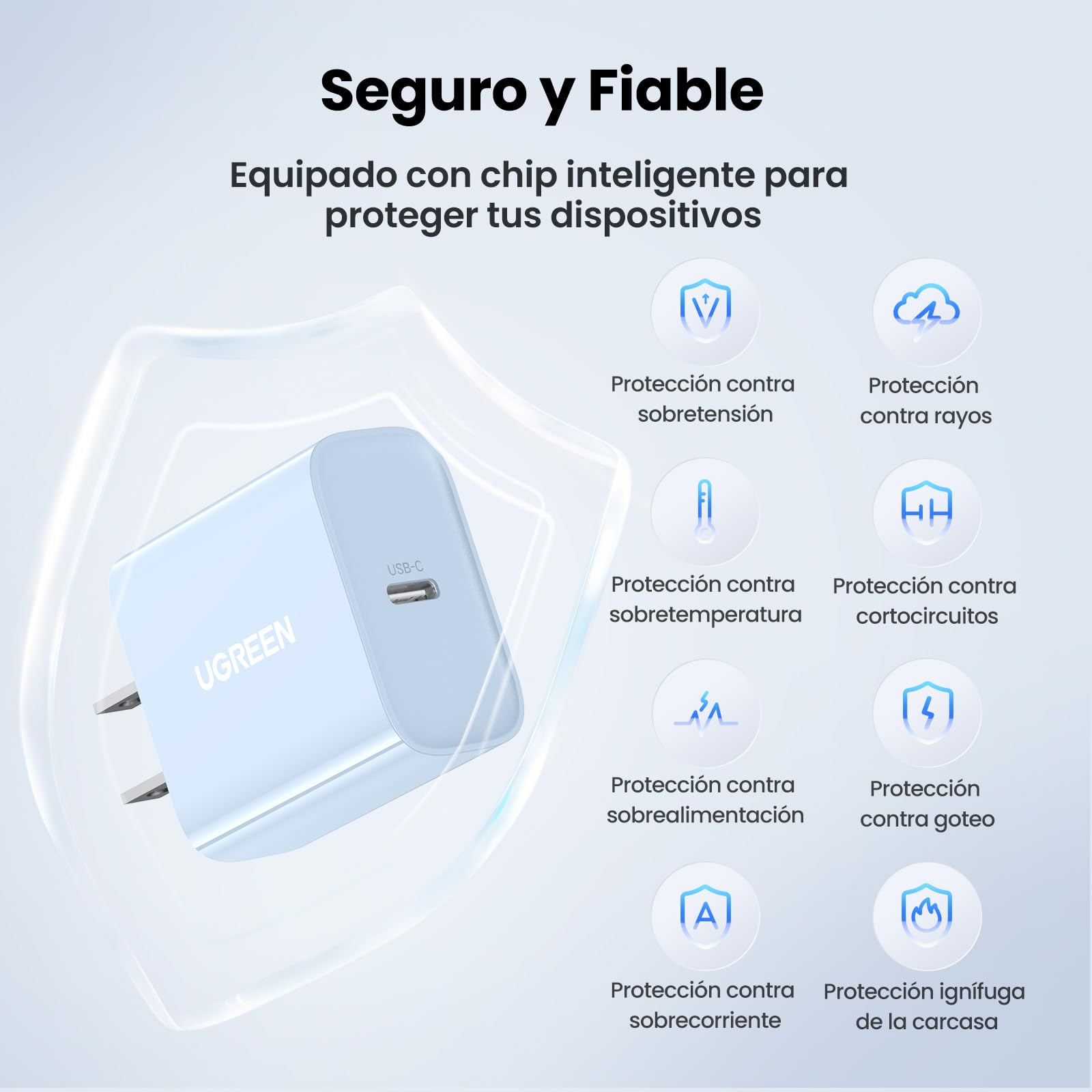 Cargador USB Tipo C UGREEN 20W Azul con Carga Rápida para iPhone y Galaxy
