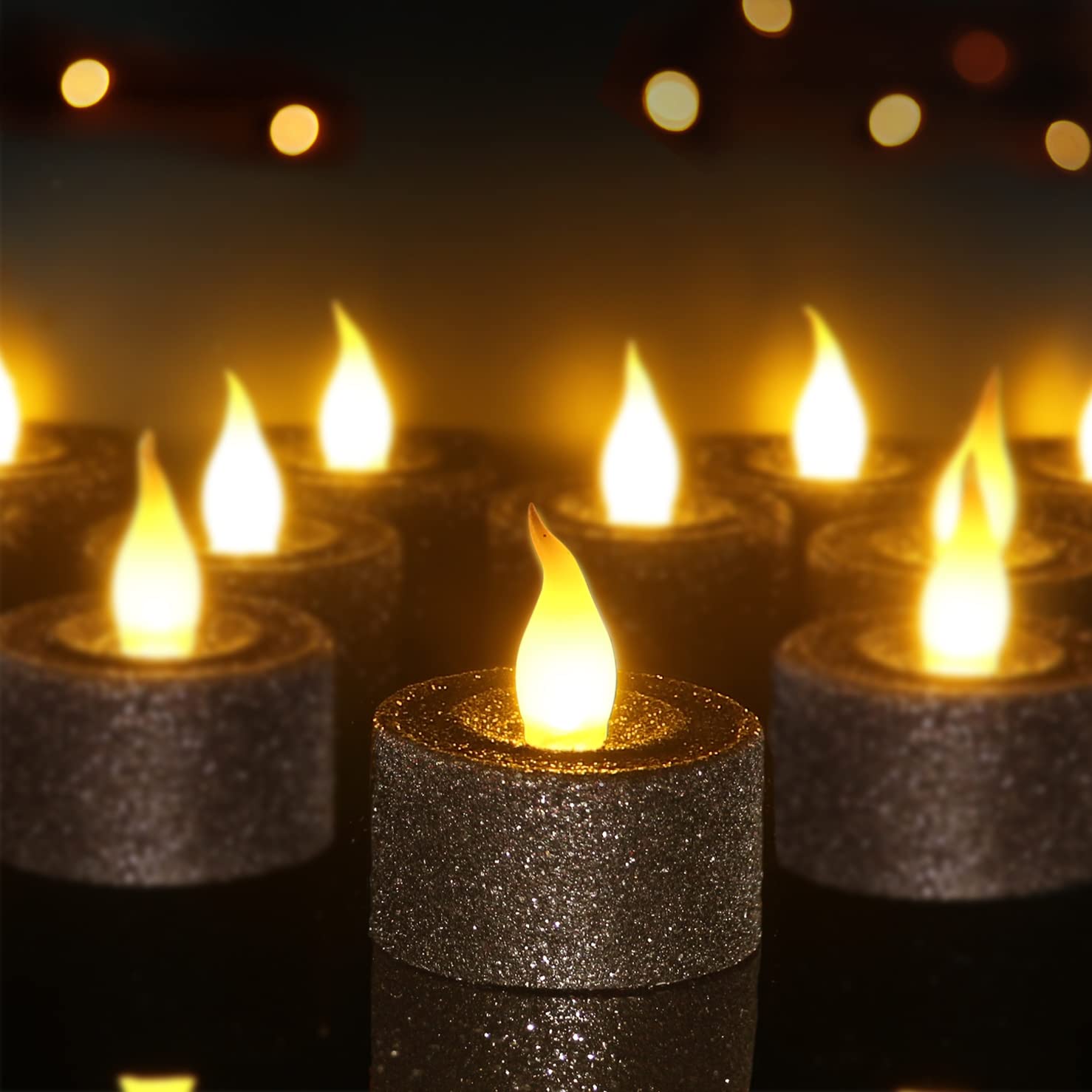 FURORA LIGHTING - Velas LED con purpurina negra, paquete de 12, velas parpadeantes sin llama para decoración del hogar, 1.5 pulgadas de ancho x 1.65 pulgadas de alto, funciona con pilas