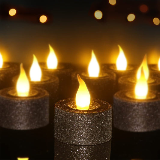 FURORA LIGHTING - Velas LED con purpurina negra, paquete de 12, velas parpadeantes sin llama para decoración del hogar, 1.5 pulgadas de ancho x 1.65 pulgadas de alto, funciona con pilas