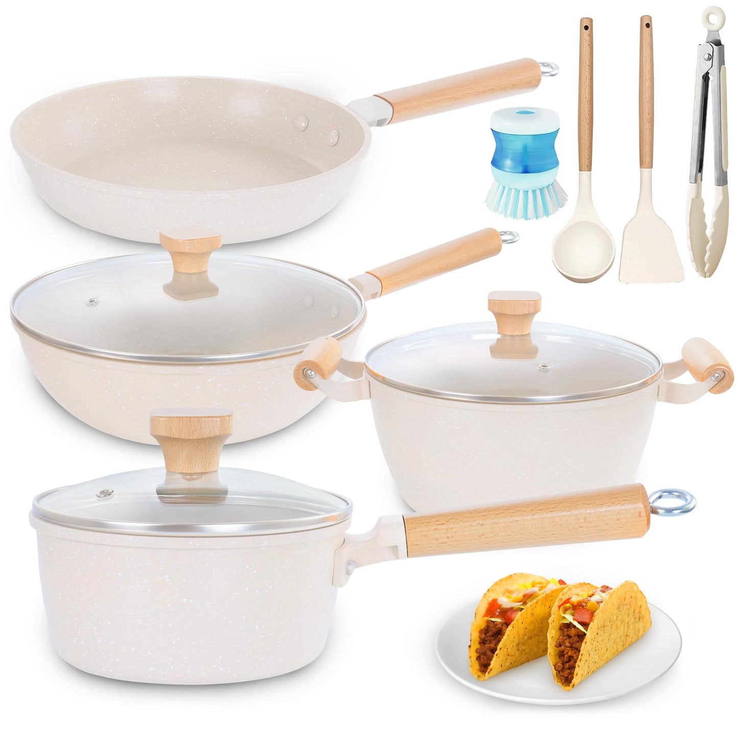 Juego de Sartenes Antiadherentes Batería de Cocina Blanco con Mango Desmontable
