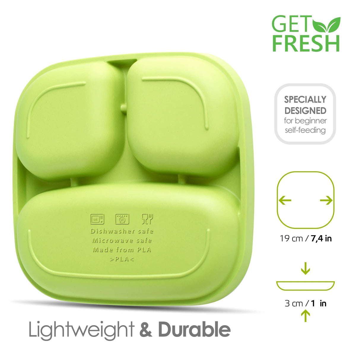 Get Fresh Juego de platos para niños divididos PLA - 2 platos infantiles sin melamina aptos para microondas - Vajilla infantil apilable sin BPA - Platos reutilizables aptos para lavavajillas para